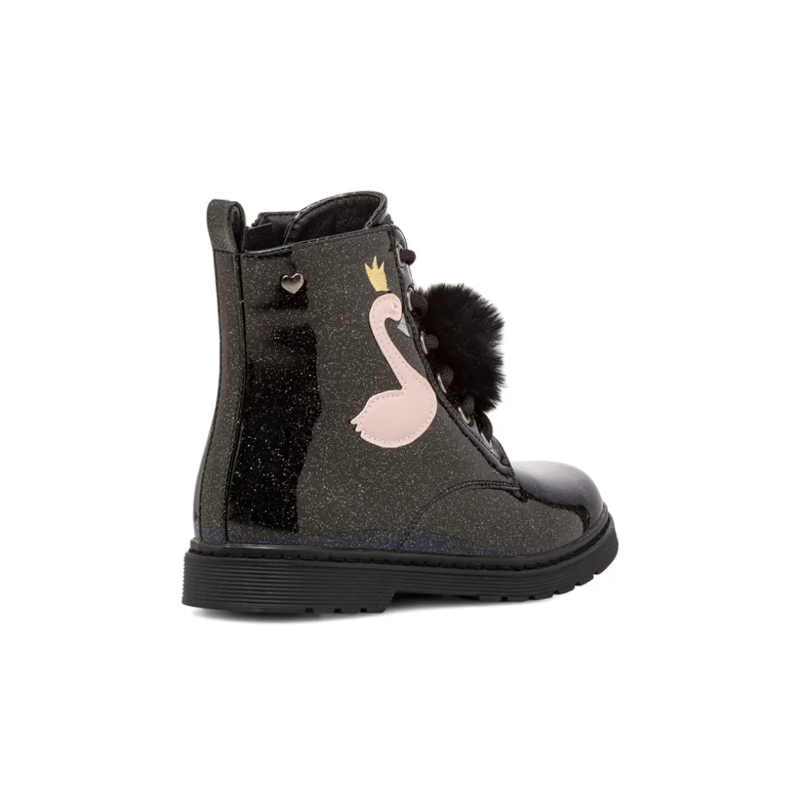 Anfibi da ragazza Le scarpe di Alice nero con glitter e dettaglio fenicottero