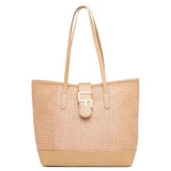 Borsa a spalla Beige da Donna effetto rafia e con logo in metallo Lora Ferres