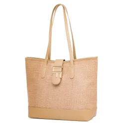 Borsa a spalla Beige da Donna effetto rafia e con logo in metallo Lora Ferres