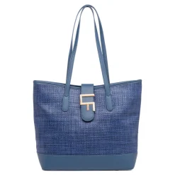 Borsa a spalla Blu da Donna effetto rafia e con logo in metallo Lora Ferres
