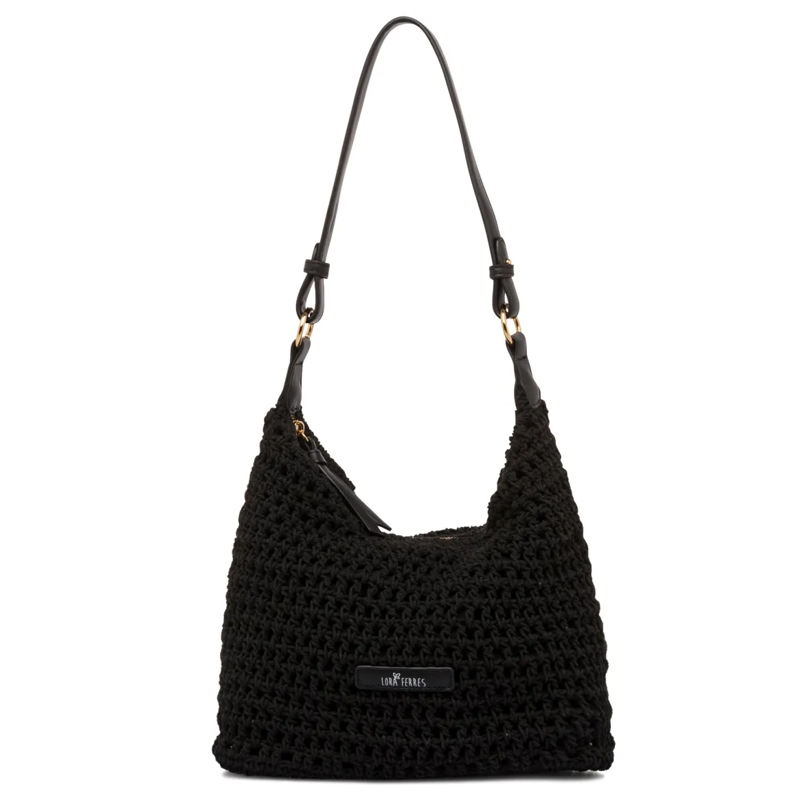Borsa a spalla nera da Donna in tessuto intrecciato effetto crochet e logo Lora Ferres