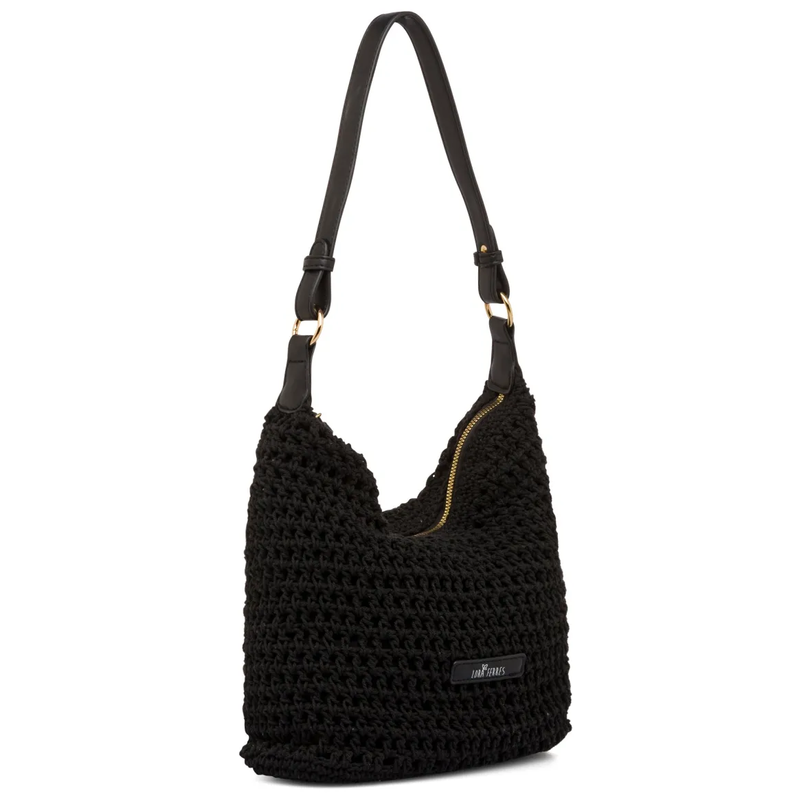 Borsa a spalla nera da Donna in tessuto intrecciato effetto crochet e logo Lora Ferres