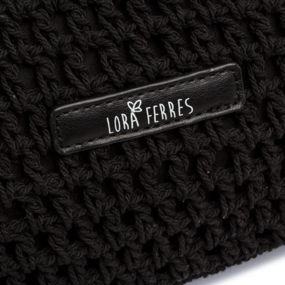 Borsa a spalla nera da Donna in tessuto intrecciato effetto crochet e logo Lora Ferres