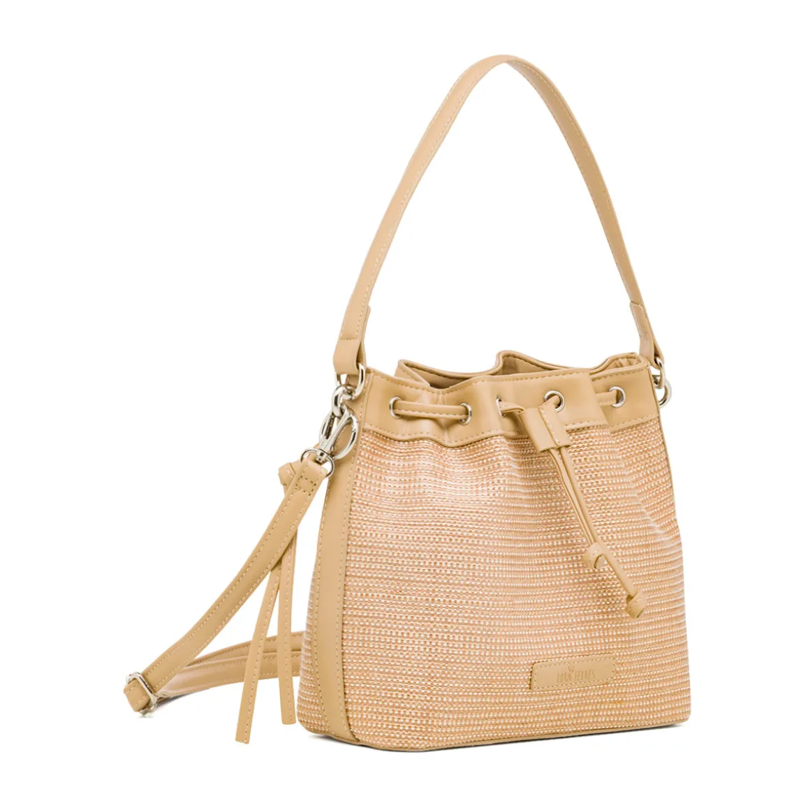 Borsa a tracolla Beige da Donna effetto rafia con coulisse e logo ricamato Lora Ferres