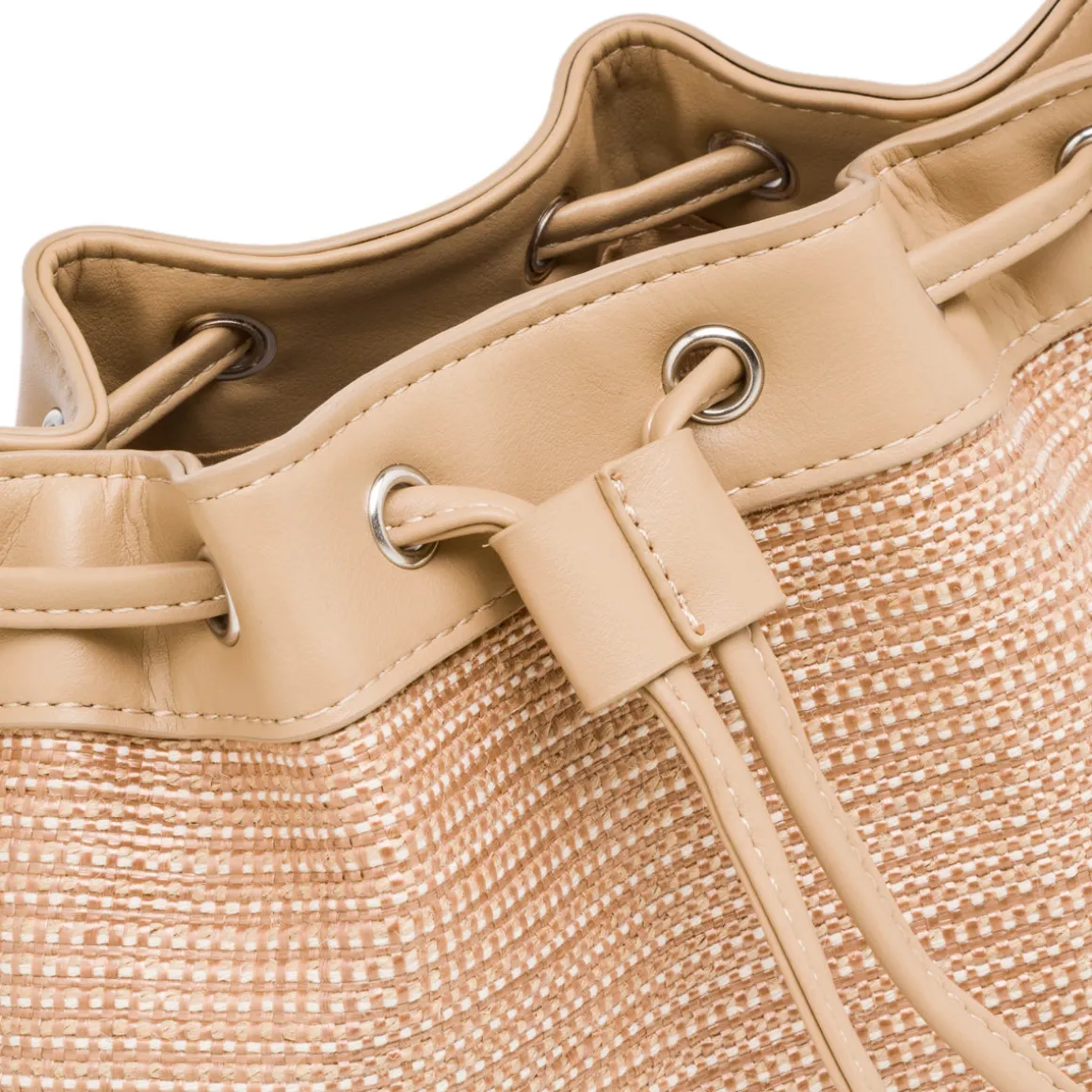 Borsa a tracolla Beige da Donna effetto rafia con coulisse e logo ricamato Lora Ferres