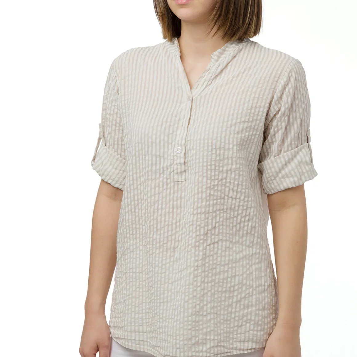 Camicia in cotone stropicciato a Righe Bianche e Beige da Donna Swish Jeans