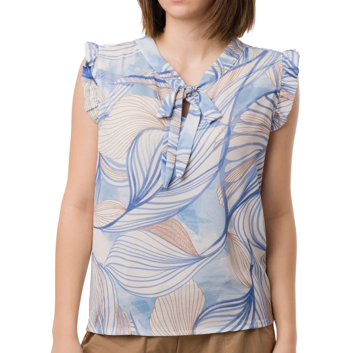Camicia smanicata Blu da Donna con fantasia floreale e rouches Swish Jeans