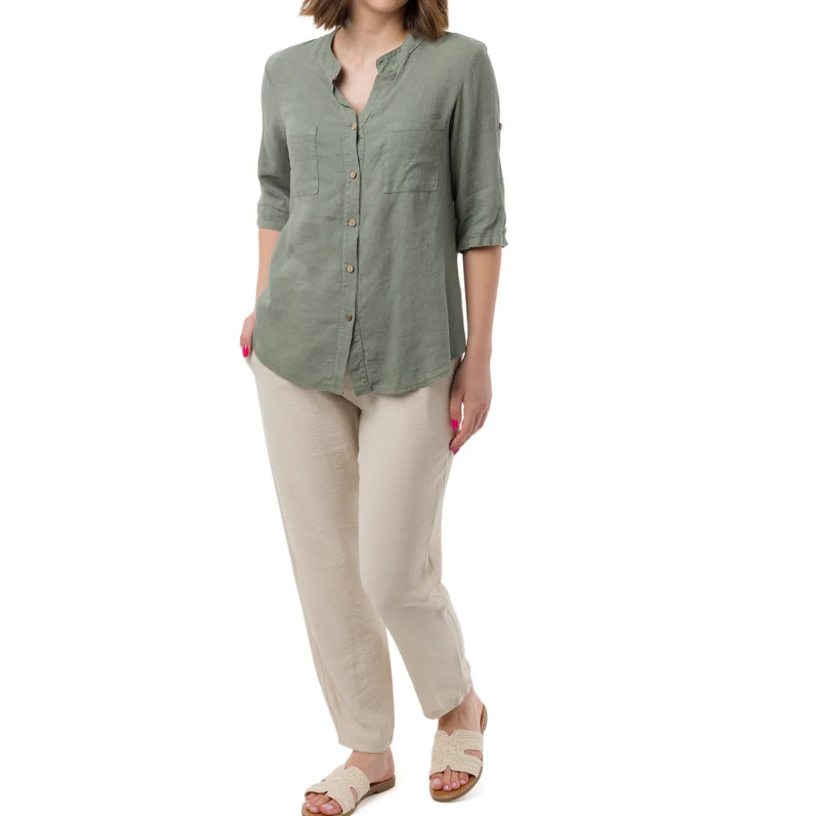 Camicia Verde da Donna in Misto Lino con Collo alla Coreana Swish Jeans