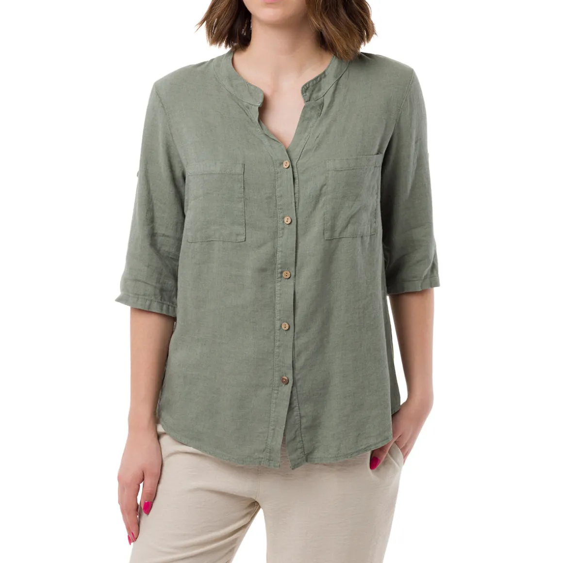 Camicia Verde da Donna in Misto Lino con Collo alla Coreana Swish Jeans