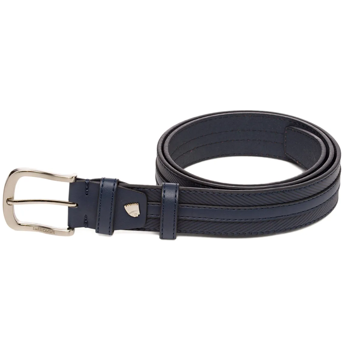 Cintura da Uomo Blu con Cuciture Decorative e Fibbia in Metallo Americanino