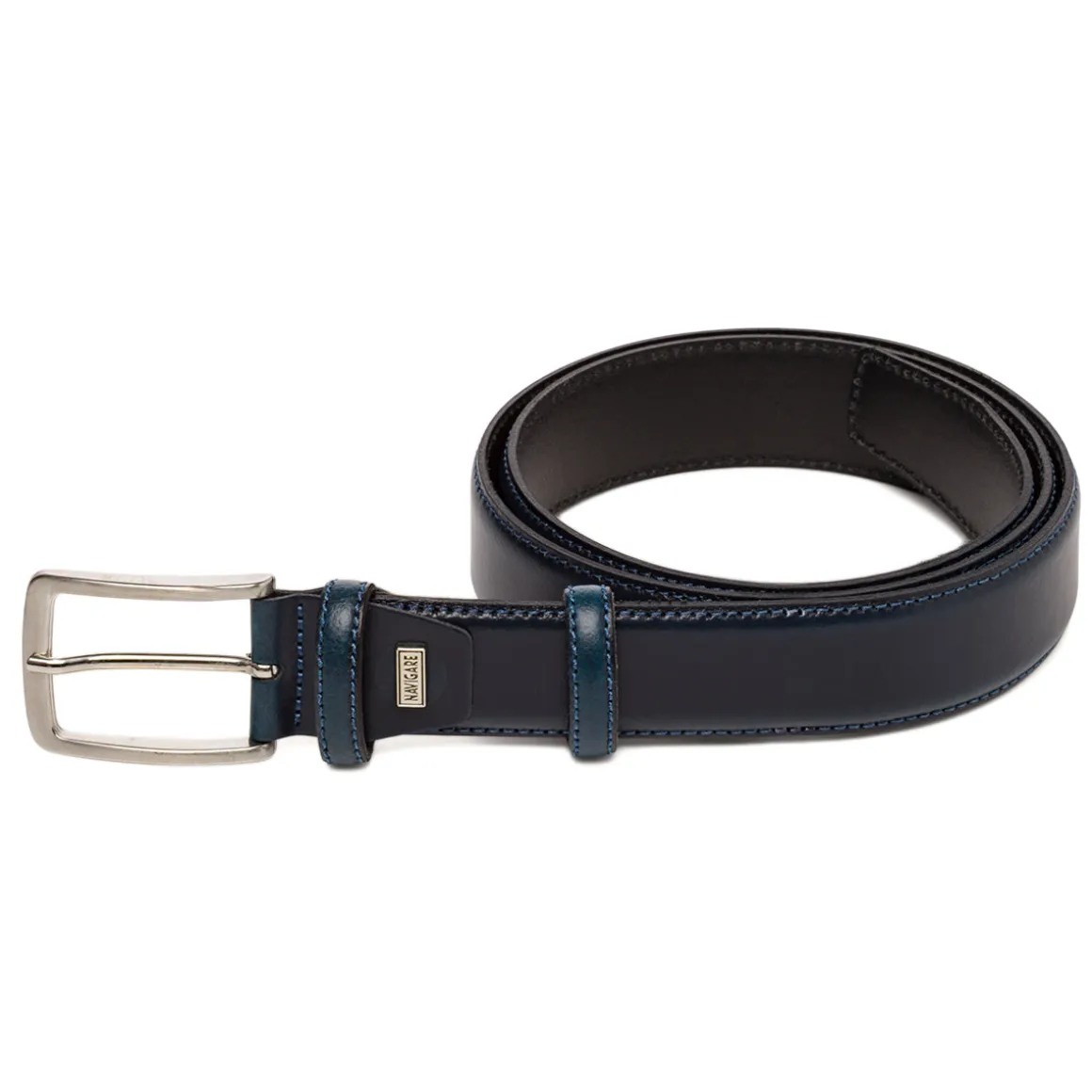 Cintura da Uomo Blu in Pelle con Fibbia in Metallo Navigare