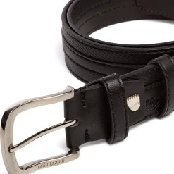 Cintura da Uomo Nera con Cuciture Decorative e Fibbia in Metallo Americanino