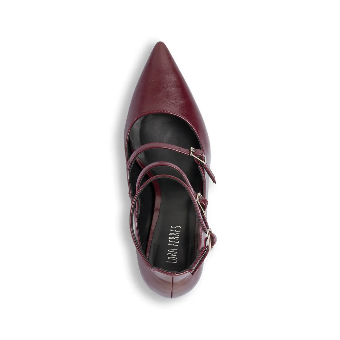 Décolleté Mary Jane da donna rosso bordeaux burgundy con tacco 8,5 cm e tre cinturini con fibbia Lora Ferres