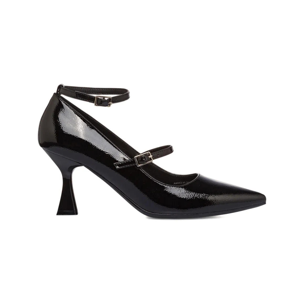Décolleté Mary Jane nere effetto vernice da donna Lora Ferres con cinturini e tacco rocchetto 7 cm