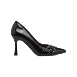 Décolleté nere da donna Lora Ferres lucide con fibbie e tacco stiletto 9 cm
