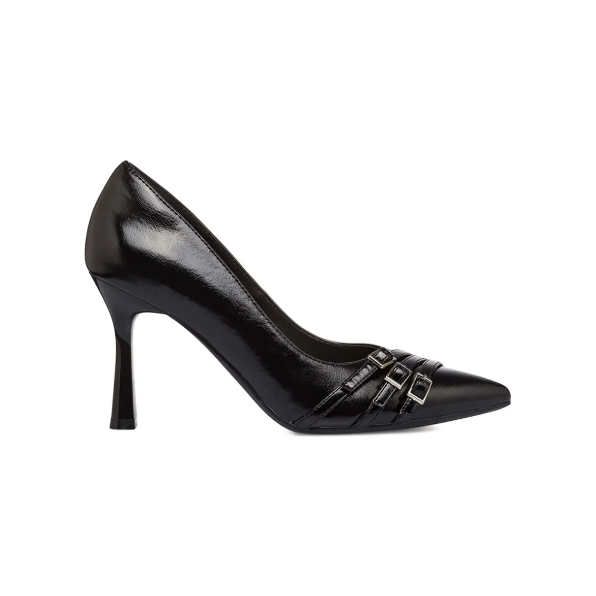 Décolleté nere da donna Lora Ferres lucide con fibbie e tacco stiletto 9 cm