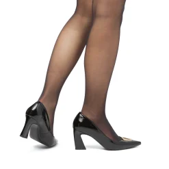 Décolleté nere in vernice da donna con fibbia dorata e tacco campana 7,5 cm Lora Ferres