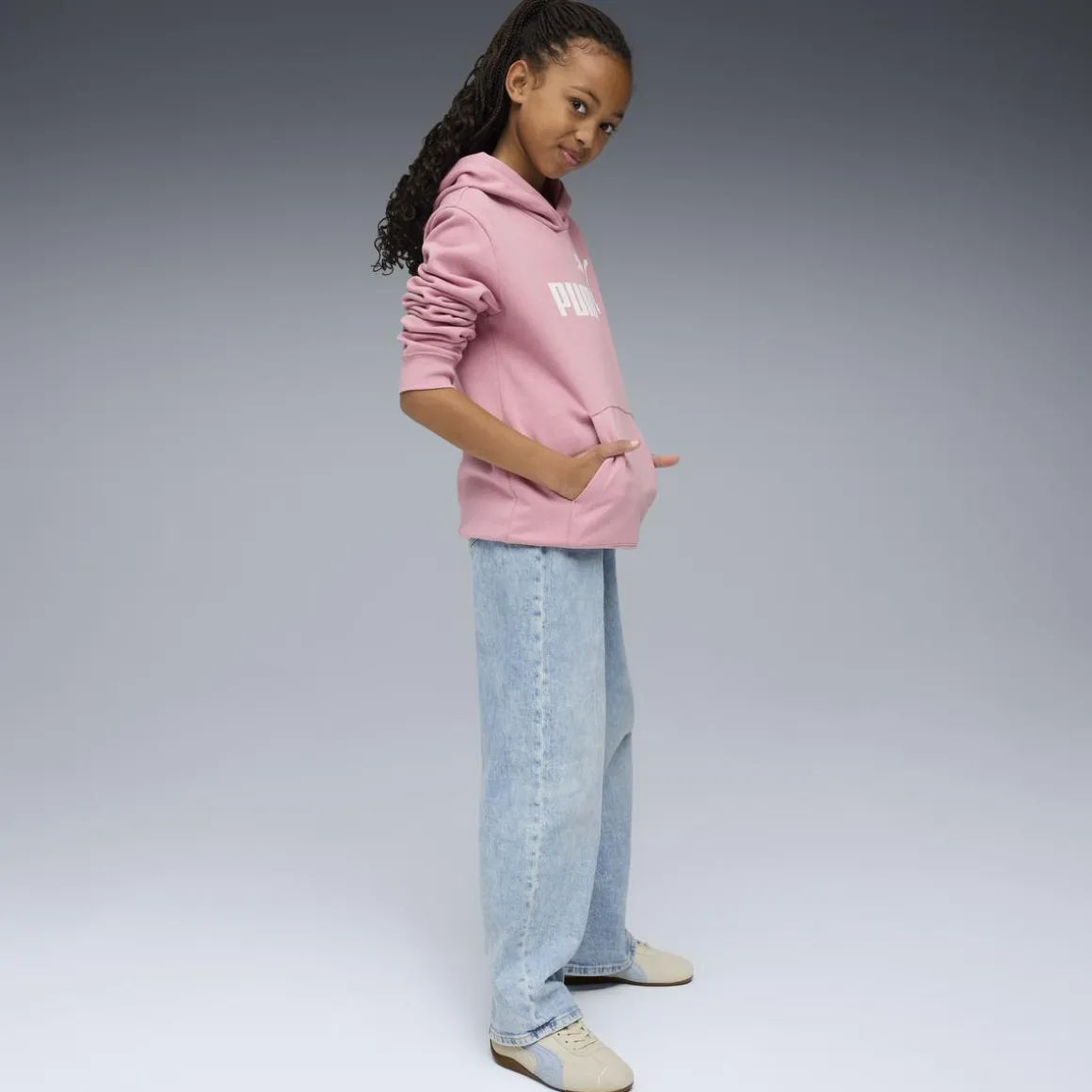 Felpa da bambina rosa con cappuccio e grande logo bianco Puma Essentials