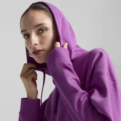Felpa da donna violetta in cotone con logo bianco e cappuccio Puma