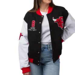 Giacca Bomber da Donna nera rossa e bianca con loghi ricamati Chicago Bulls NBA