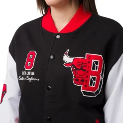 Giacca Bomber da Donna nera rossa e bianca con loghi ricamati Chicago Bulls NBA