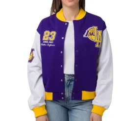 Giacca Bomber da Donna viola bianca e gialla con loghi ricamati LA Lakers NBA