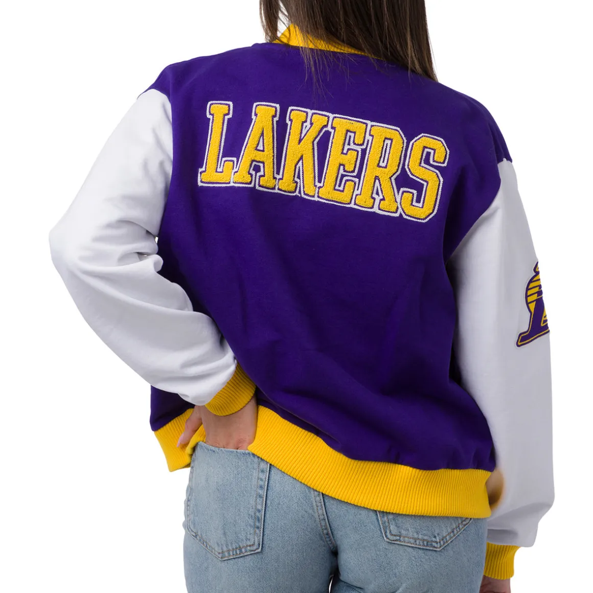 Giacca Bomber da Donna viola bianca e gialla con loghi ricamati LA Lakers NBA