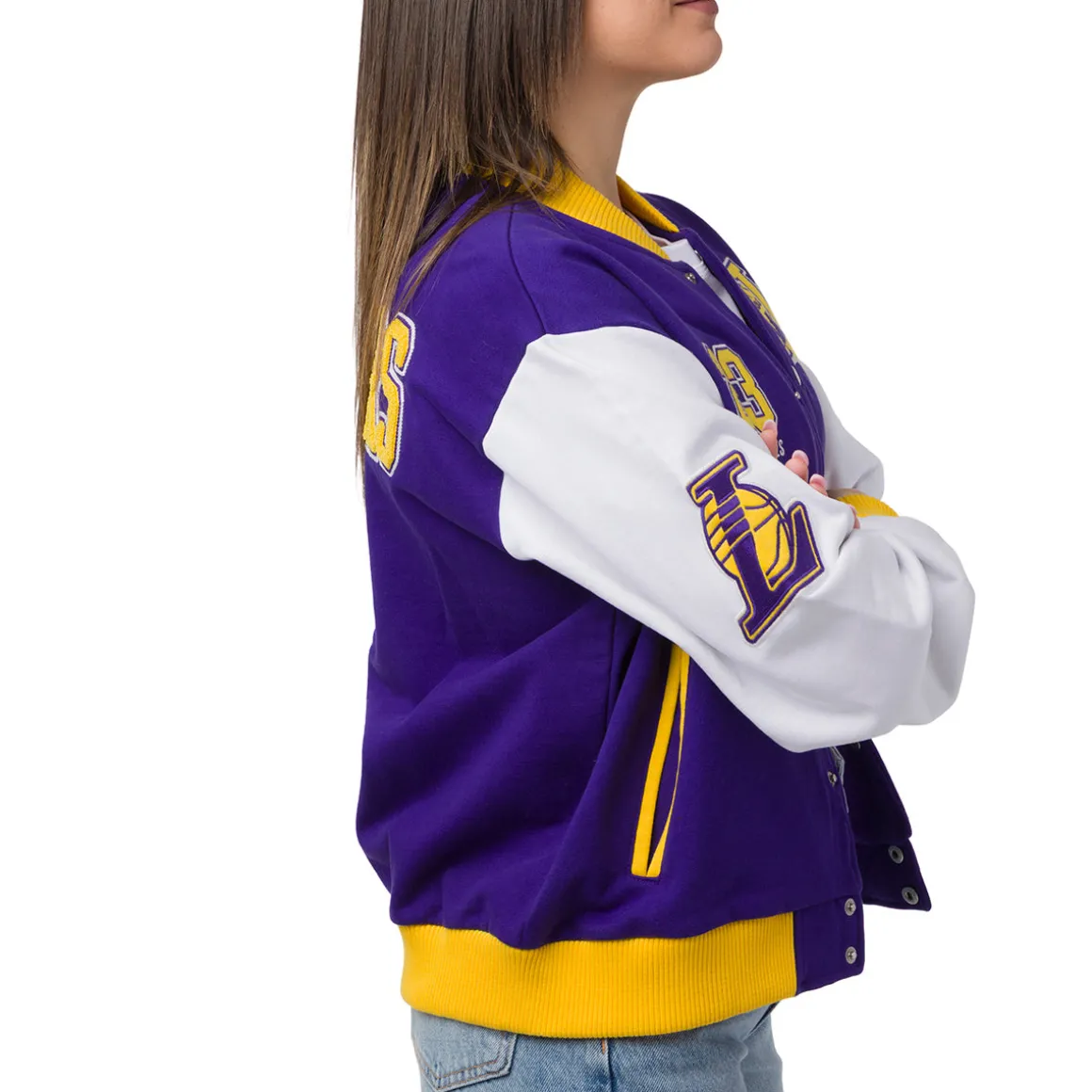 Giacca Bomber da Donna viola bianca e gialla con loghi ricamati LA Lakers NBA