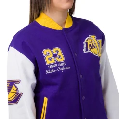 Giacca Bomber da Donna viola bianca e gialla con loghi ricamati LA Lakers NBA