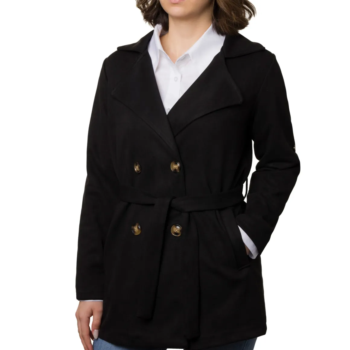 Giacca Trench da donna nera in tessuto effetto ciniglia Swish Jeans