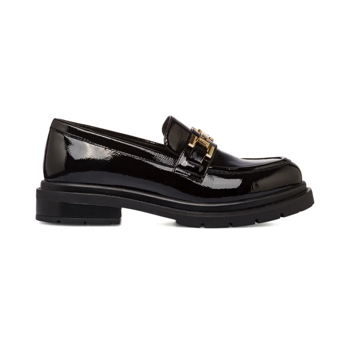 Mocassini chunky neri da donna effetto vernice con dettaglio in metallo Swish Jeans