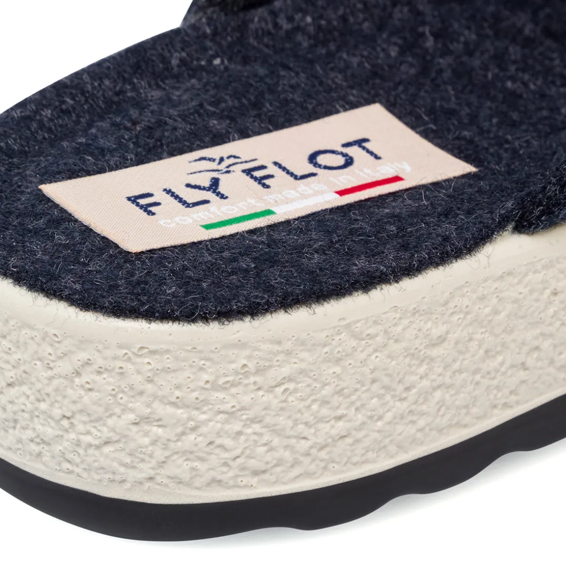 Pantofole blu da donna con cinturino bianco e fibbia Fly Flot