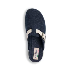 Pantofole blu da donna con cinturino bianco e fibbia Fly Flot