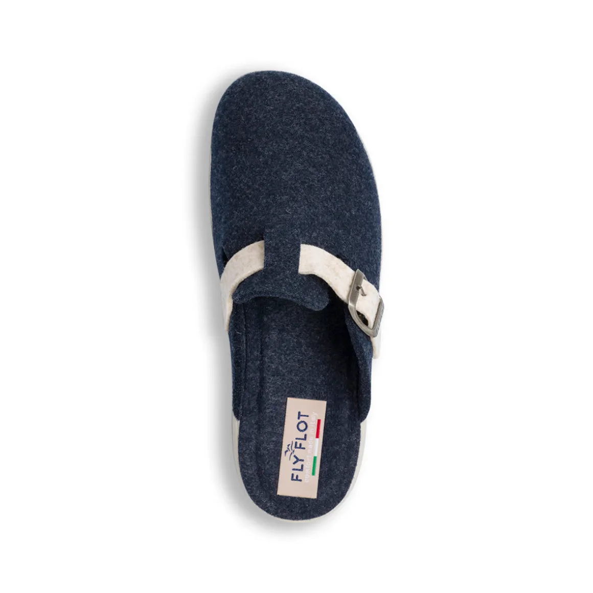 Pantofole blu da donna con cinturino bianco e fibbia Fly Flot