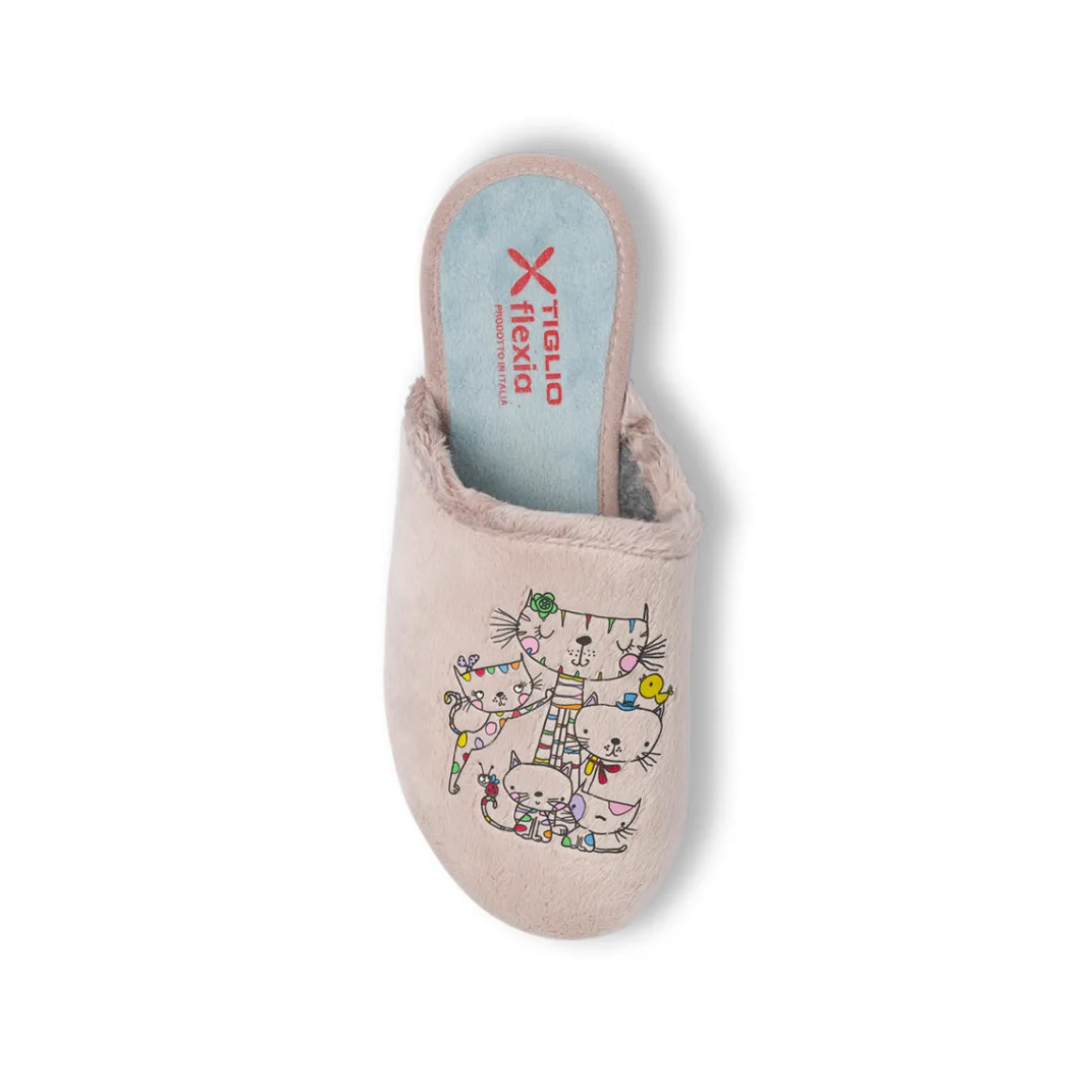Pantofole da donna beige con ricamo di gattini colorati Tiglio