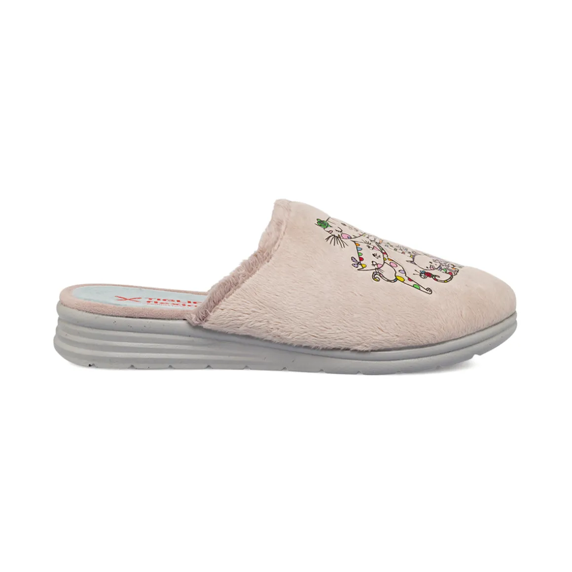 Pantofole da donna beige con ricamo di gattini colorati Tiglio