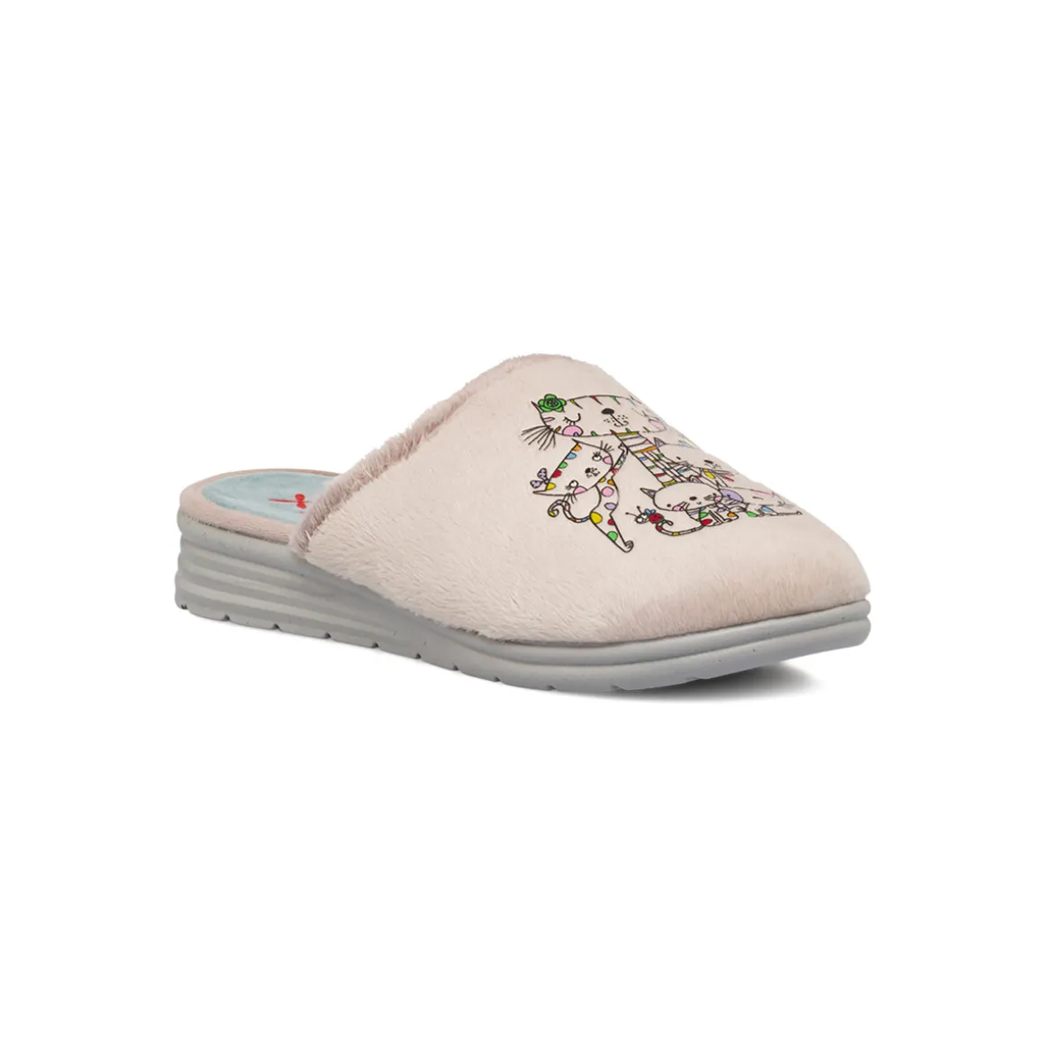 Pantofole da donna beige con ricamo di gattini colorati Tiglio