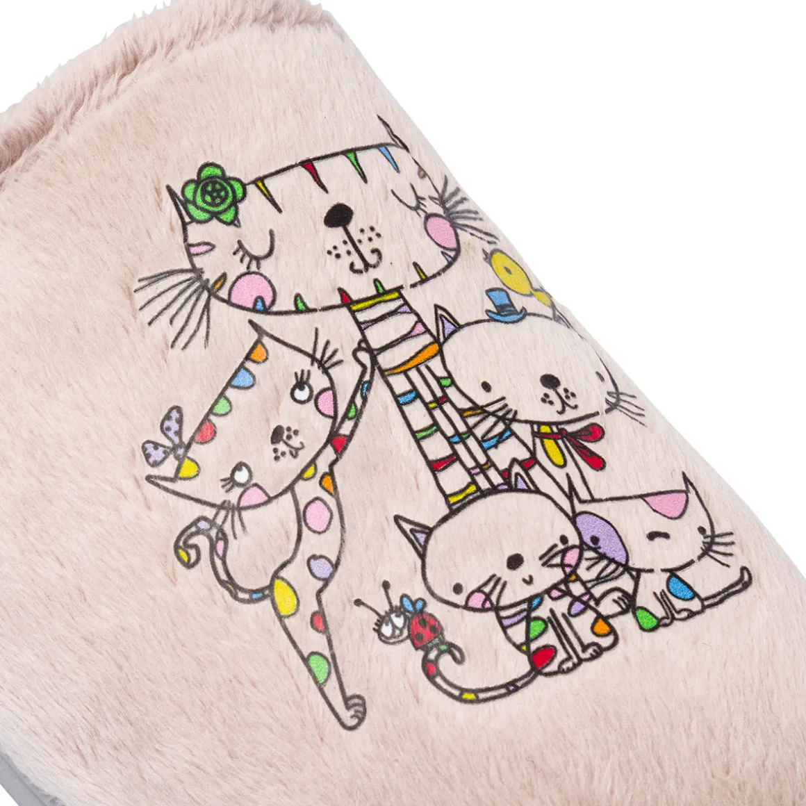 Pantofole da donna beige con ricamo di gattini colorati Tiglio