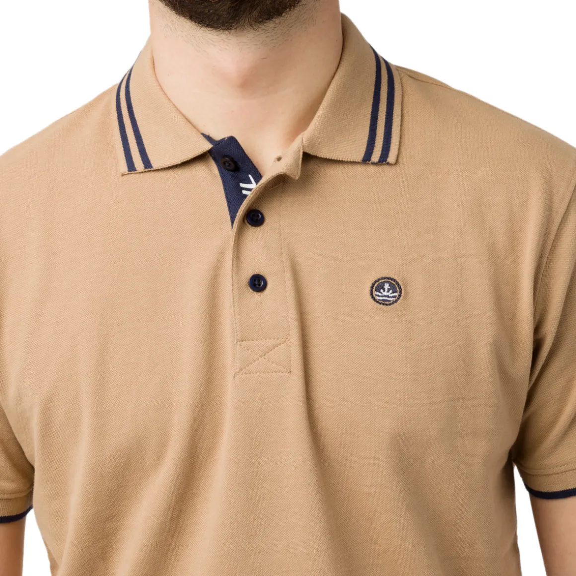 Polo Beige da Uomo in Cotone con Dettagli Bianchi e Logo Ricamato Navy Sail