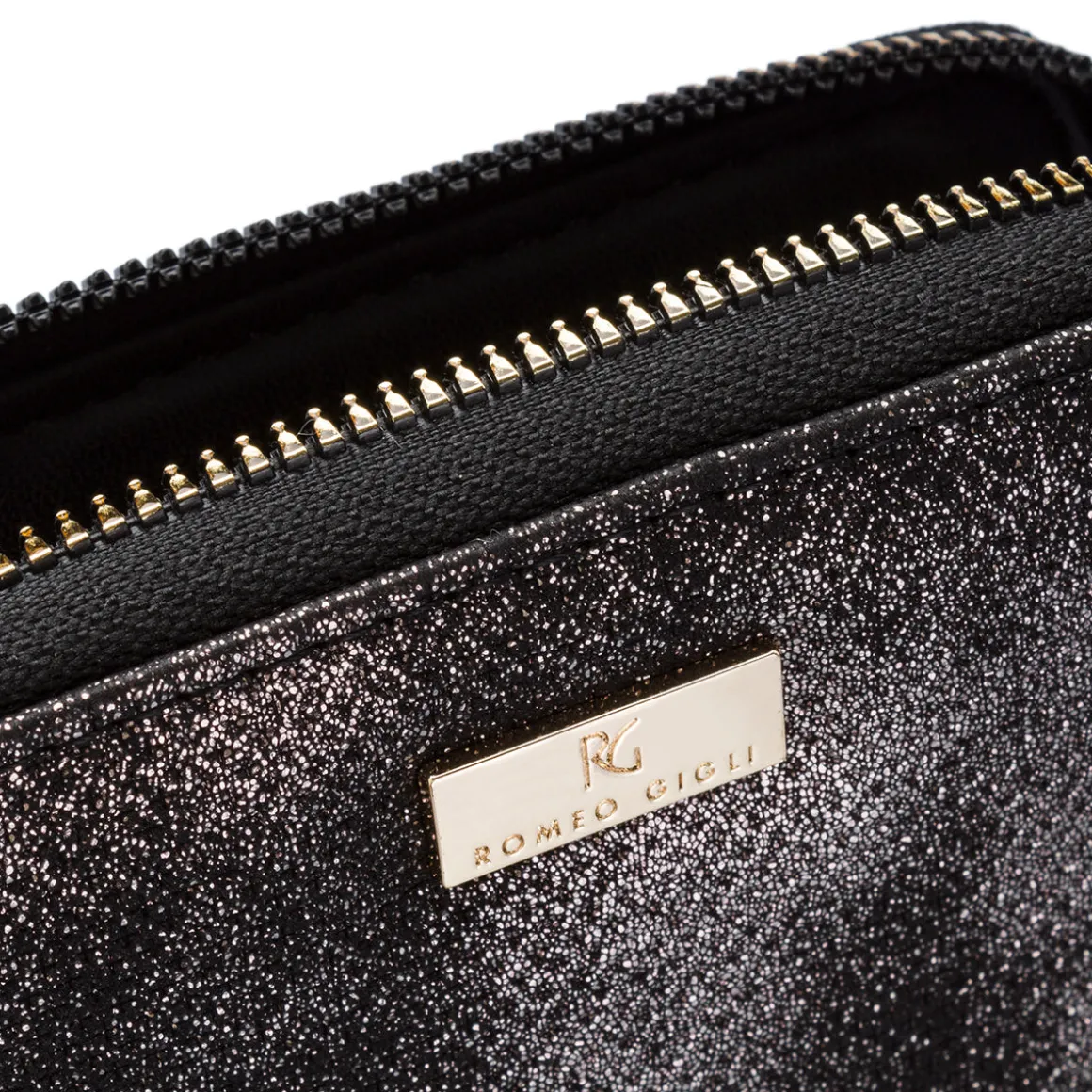 Portafoglio da donna nero con glitter e logo Romeo Gigli