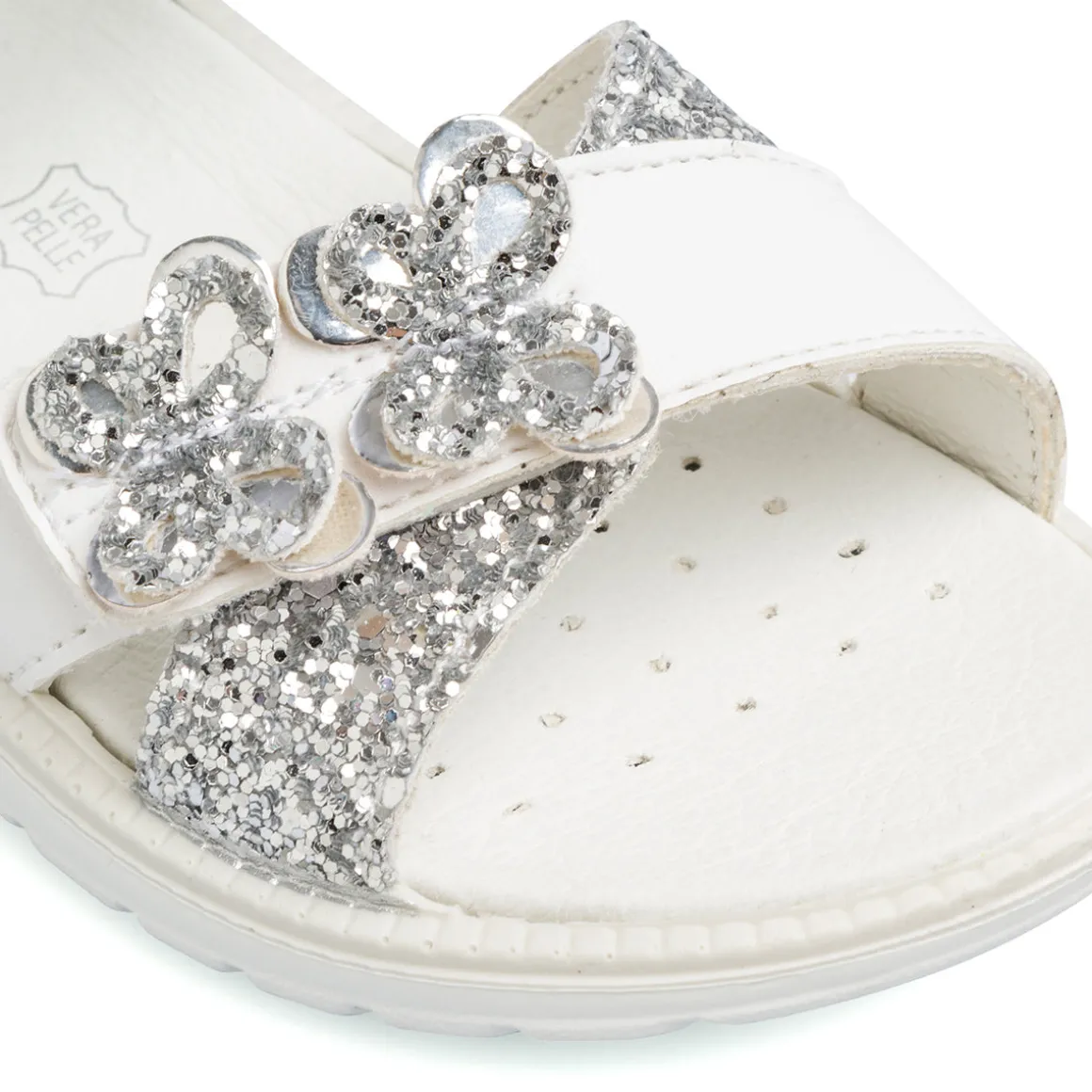 Sandali da bambina bianchi con dettagli frontali argento glitter Primigi Alanis