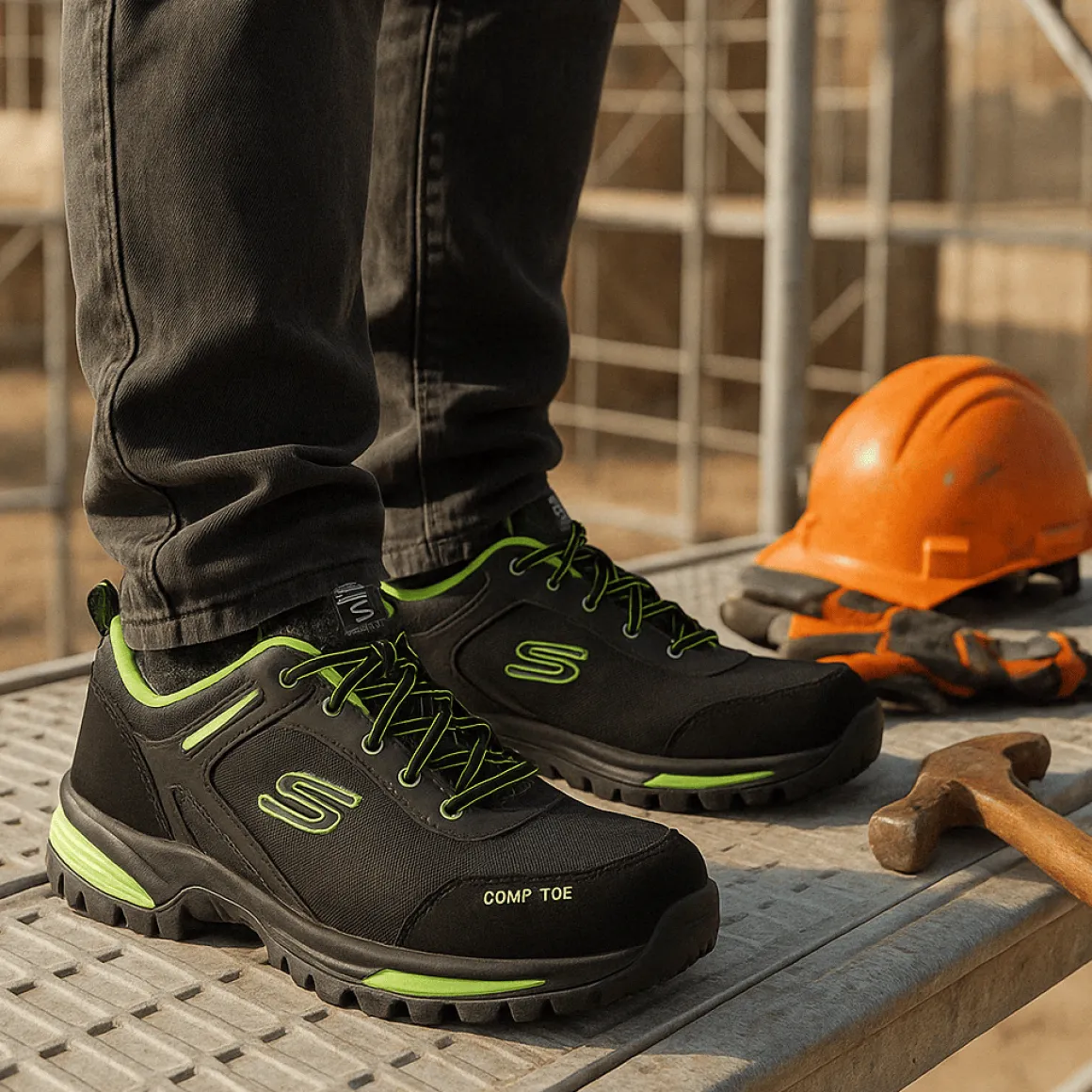 Scarpe antinfortunistiche nere e verdi da Uomo in pelle e Memory Foam Skechers Work