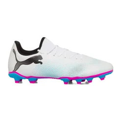 Scarpe da calcio per terreni duri bianche con dettagli fucsia e azzurri Puma Future 7 Play FG/AG