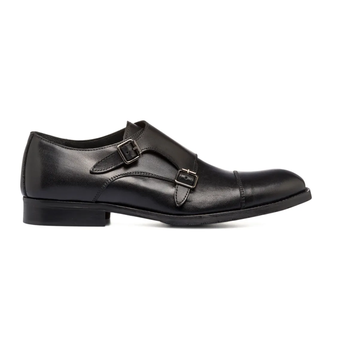 Scarpe monk-strap nere eleganti in pelle con chiusura a doppia fibbia da uomo Primopiano