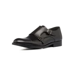 Scarpe monk-strap nere eleganti in pelle con chiusura a doppia fibbia da uomo Primopiano