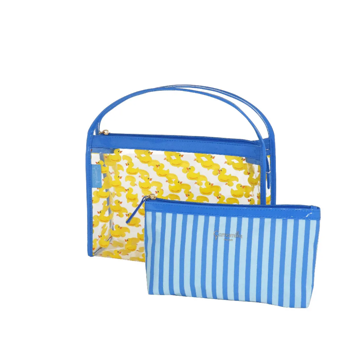 Set beauty case trasparente con stampa anatroccoli blu da Donna Camomilla Milano
