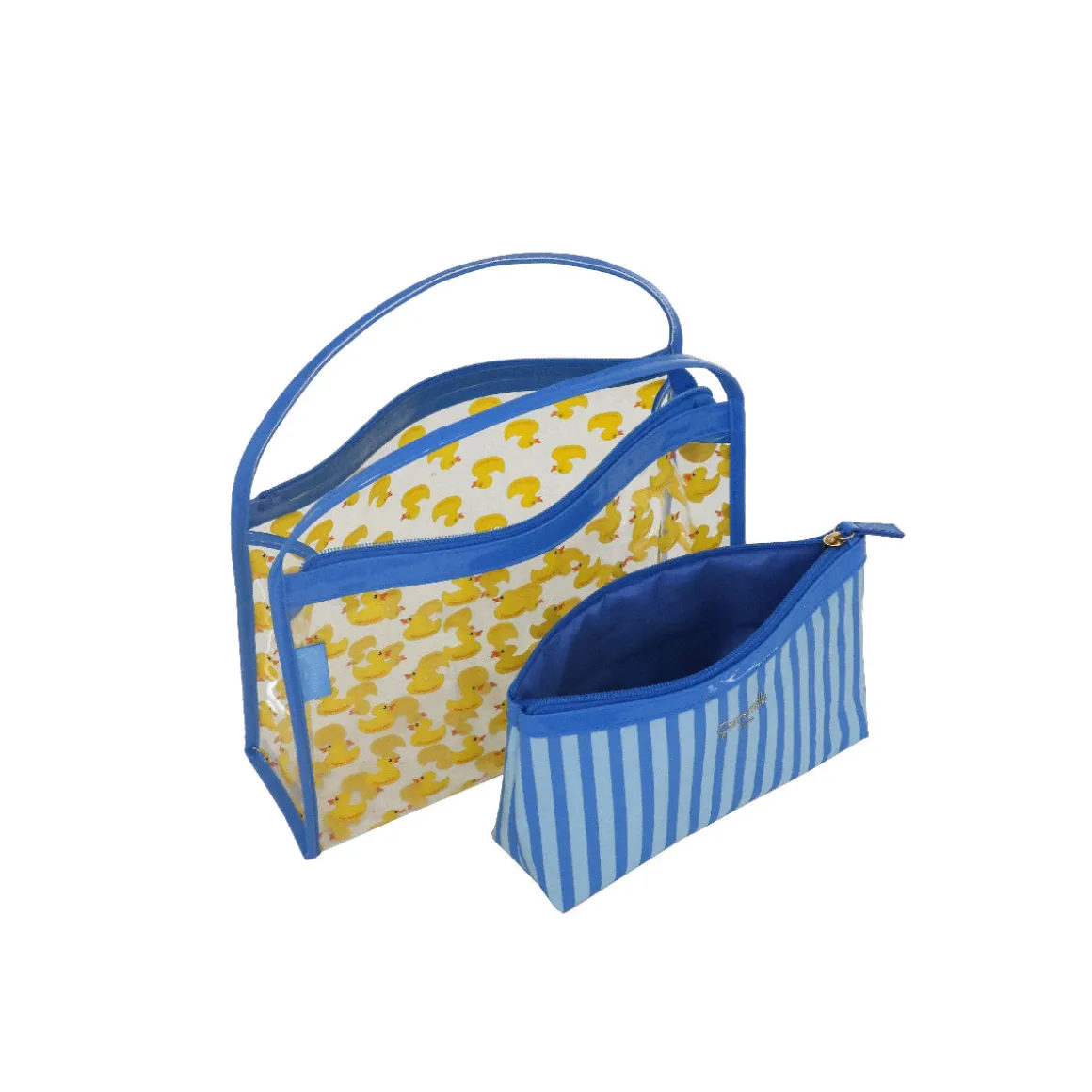 Set beauty case trasparente con stampa anatroccoli blu da Donna Camomilla Milano