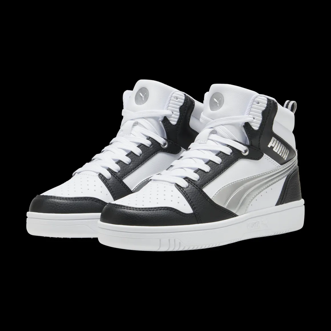 Sneakers alte da donna bianche e nere con dettaglio argento e logo Puma Rebound V6 Metallic Dream