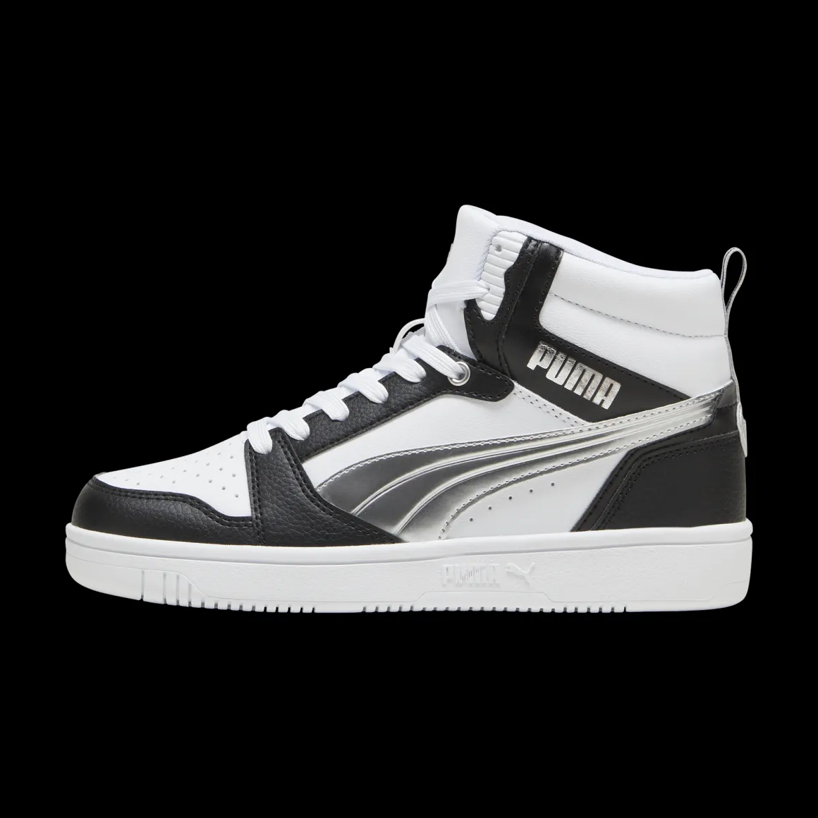 Sneakers alte da donna bianche e nere con dettaglio argento e logo Puma Rebound V6 Metallic Dream