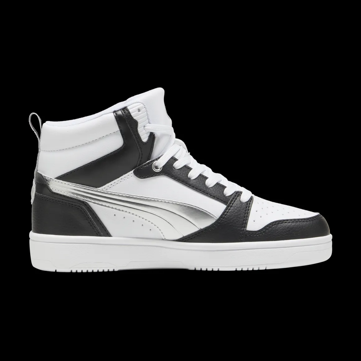 Sneakers alte da donna bianche e nere con dettaglio argento e logo Puma Rebound V6 Metallic Dream